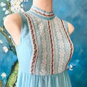 Gunne Sax Cottagecore Pale Blue Bib Front Prairie Pinafore 70's Empire Waist